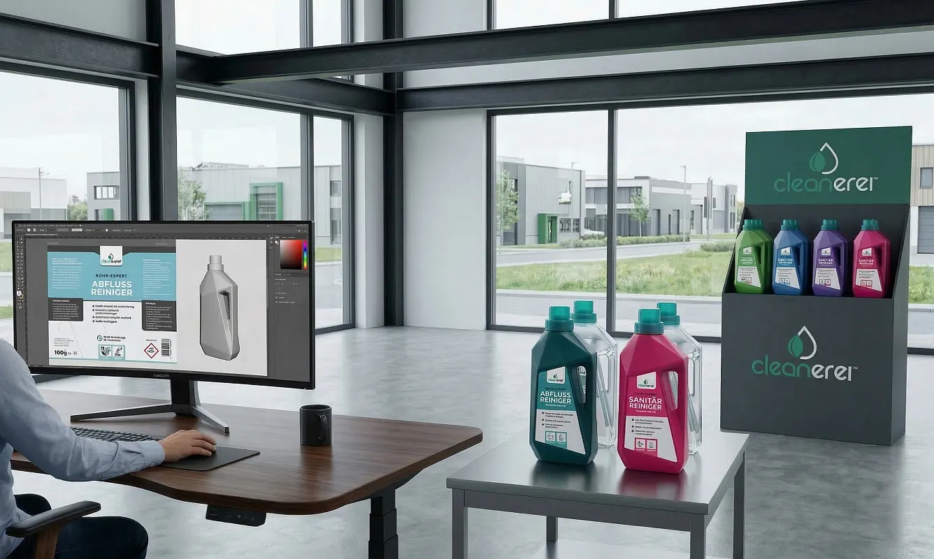 Ganzheitliche Packaging-Lösungen von infinite am Beispiel cleanerei: Vom modernen Etikettendesign für Reinigungsmittel über die Umsetzung individueller Produktverpackungen bis zur Gestaltung von verkaufsstarken POS-Displays im Corporate Design.