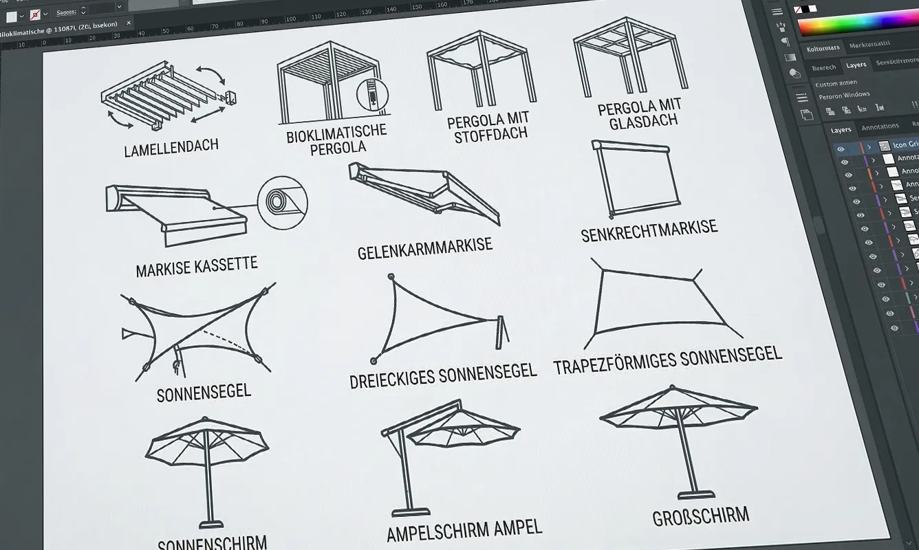 Erstellung eines individuellen Icon-Sets durch infinite: Maßgeschneiderte Vektorgrafiken für Sonnenschutzsysteme wie Pergolen und Markisen sorgen für Klarheit und eine intuitive Benutzerführung.