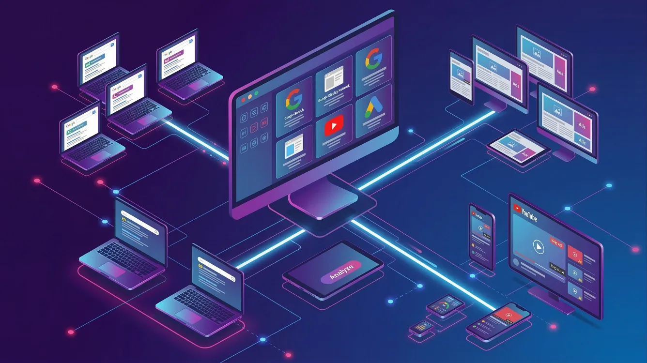 Kanalübergreifendes Suchmaschinenmarketing: Darstellung von Werbekampagnen im gesamten Google-Netzwerk auf Smartphone, Tablet und Desktop.