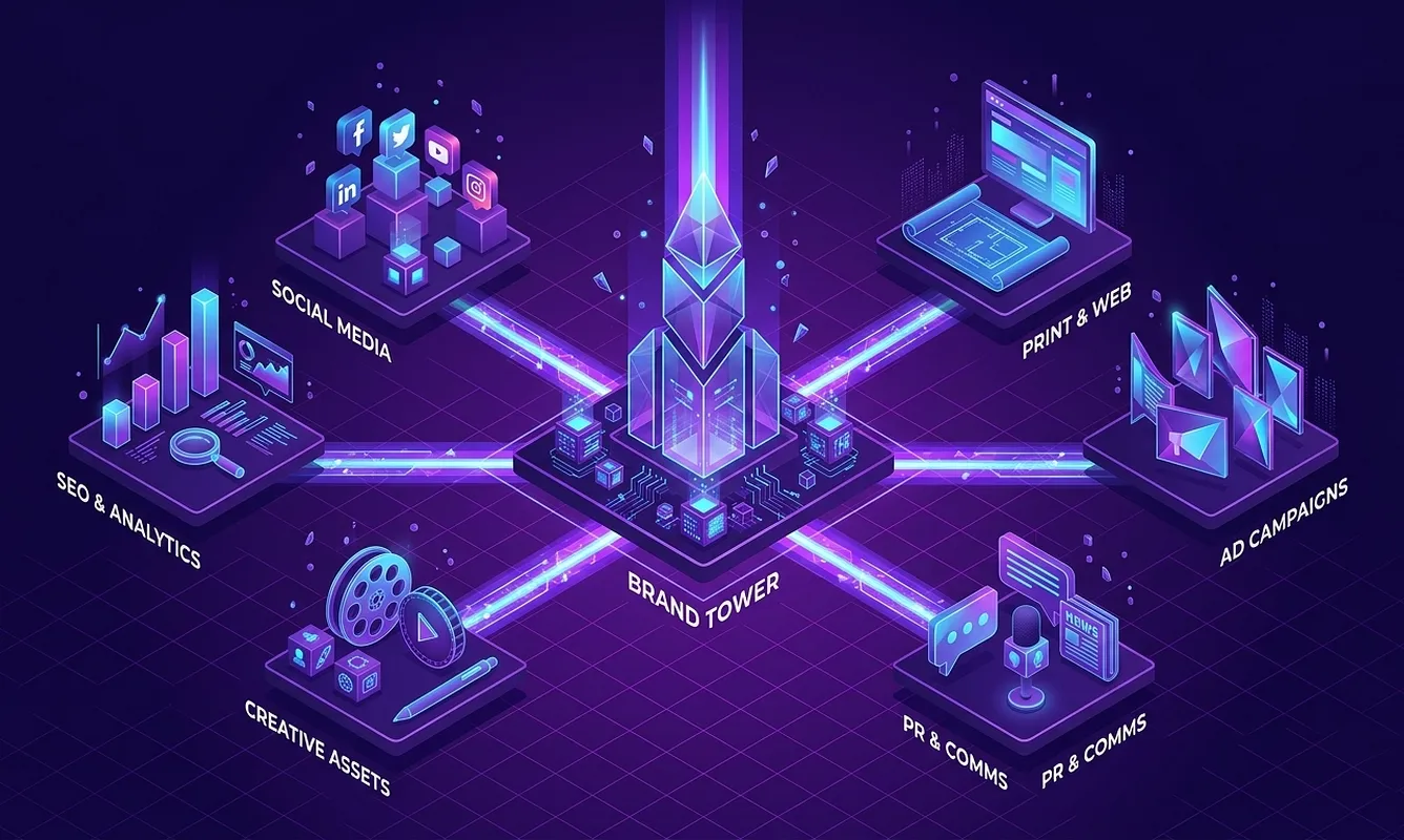 Radikale Marken-Positionierung und kreative Leitidee: Ein zentraler futuristischer Brand-Tower im ultravioletten Stil bündelt alle Kommunikationskanäle und hebt die Marke vom Marktumfeld ab.