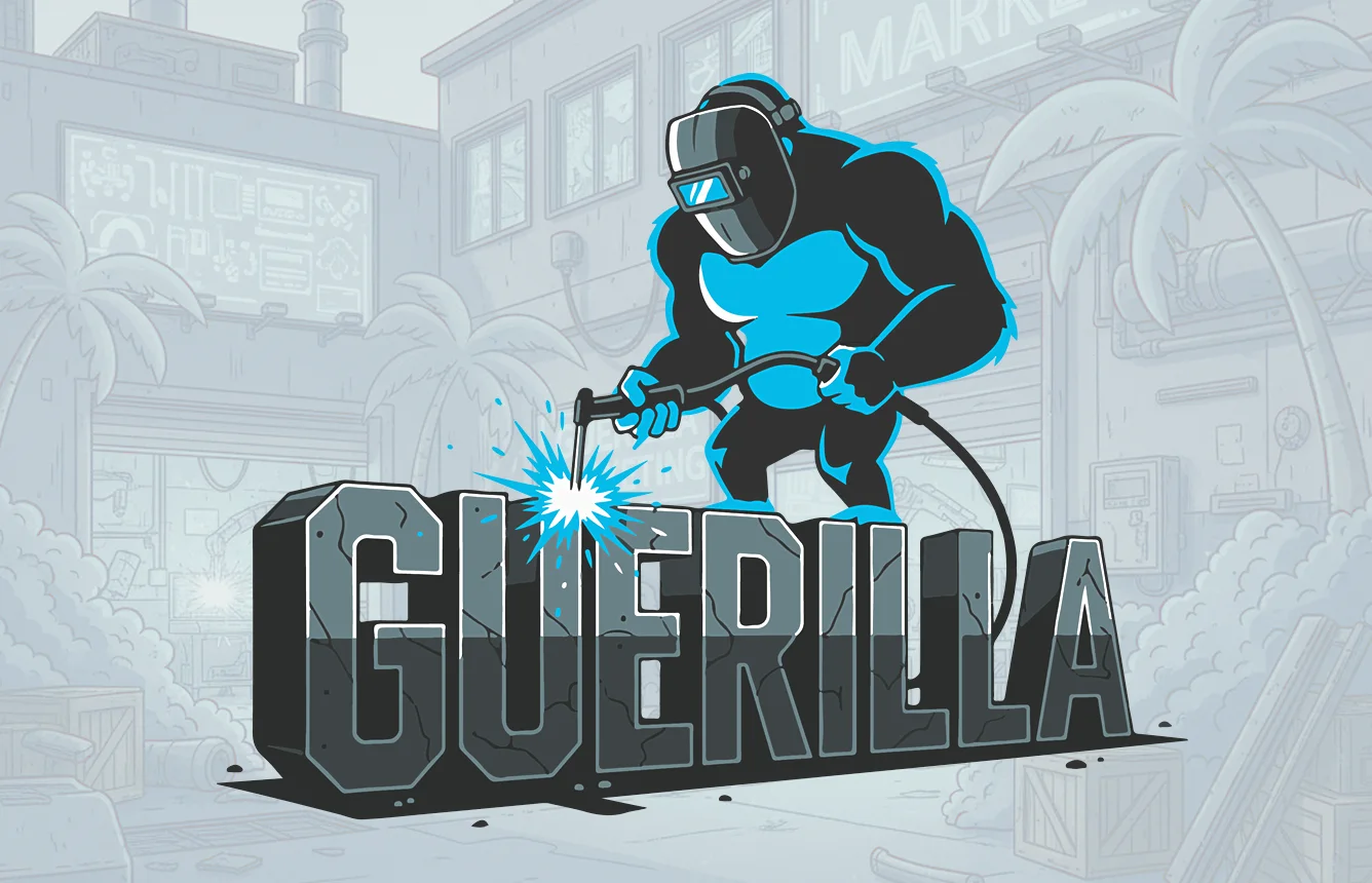 Gorilla schweißt den Schriftzug „Guerilla“ als Symbol für handwerkliches Guerilla Marketing.