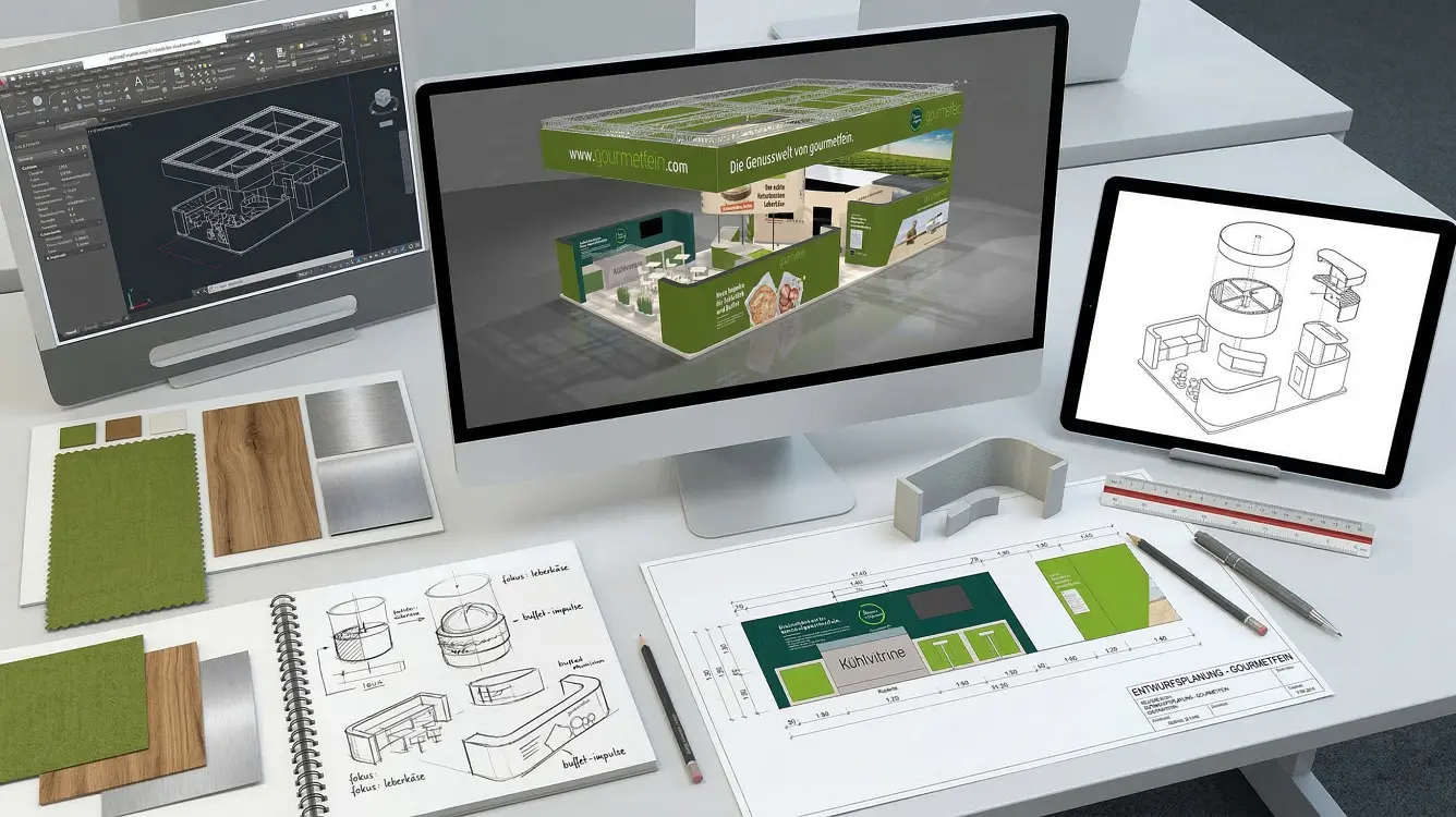 Professionelle Visualisierung und Entwurfsplanung eines Messestandes für Gourmetfein: Von der kreativen Vision bis zum markanten grafischen POS-Statement.