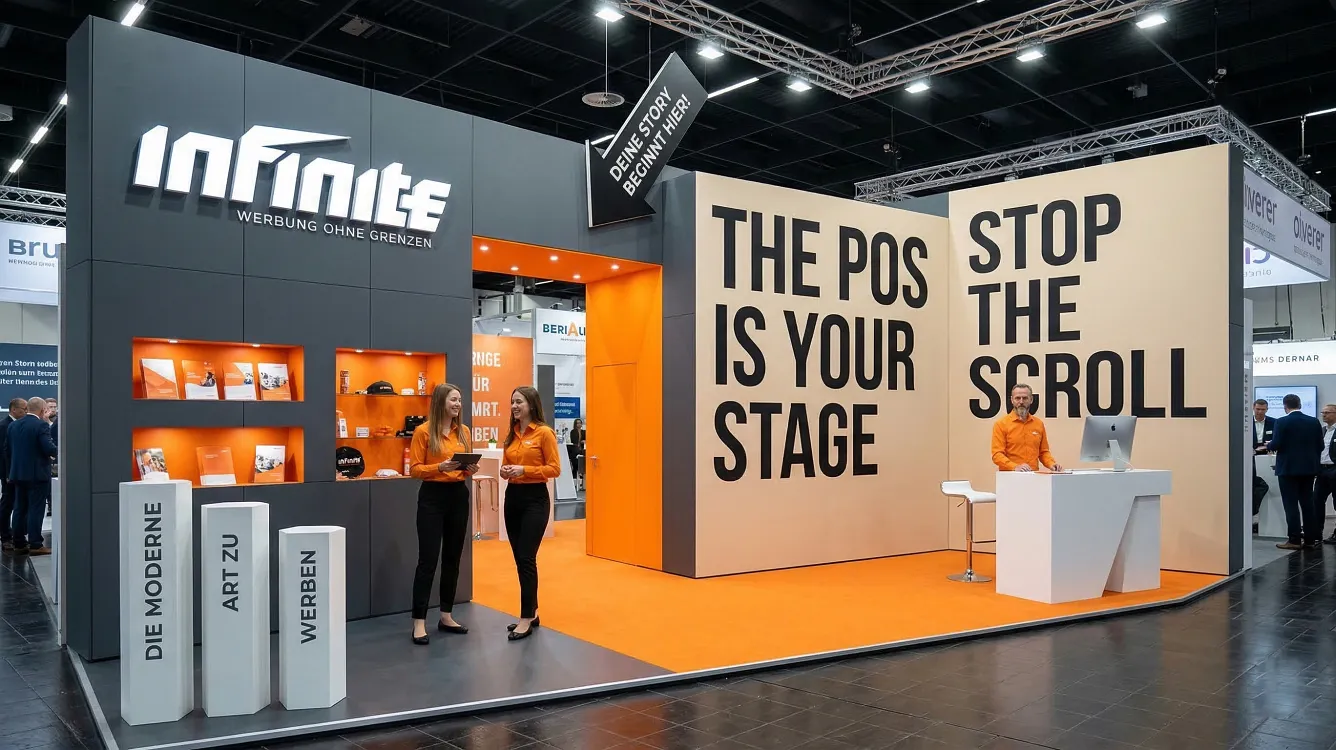 Ganzheitliches Messe-Branding der Agentur infinite: Hochwertige Werbemittel, Displays und POS-Assets am Messestand für ein konsistentes und professionelles Markenbild.