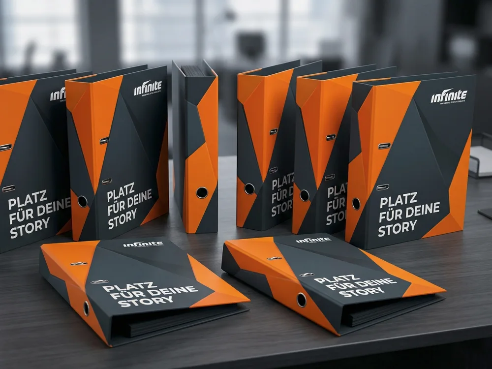 Optisch und haptisch überzeugen: beidseitig bedruckte Ringordner mit Griffloch und hochwertiger, kratzfester Folienkaschierung.