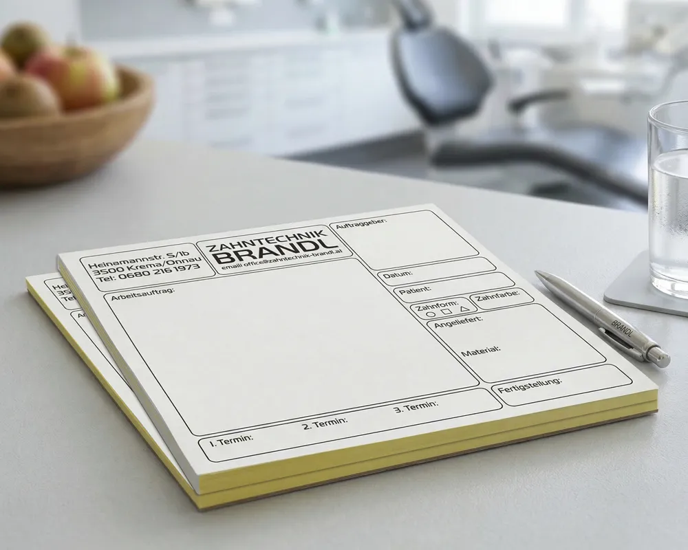 Durchschreibesätze als detaillierte Auftragsformulare mit farbigem Durchschlag auf 80g/m² SD-Papier für Zahntechnik Brandl.