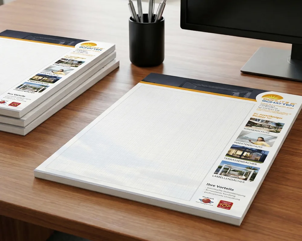 Werbeblöcke für Schutz & Schatten im brillianten Digitaldruck mit stabiler Rückpappe und hochwertiger Leimbindung.