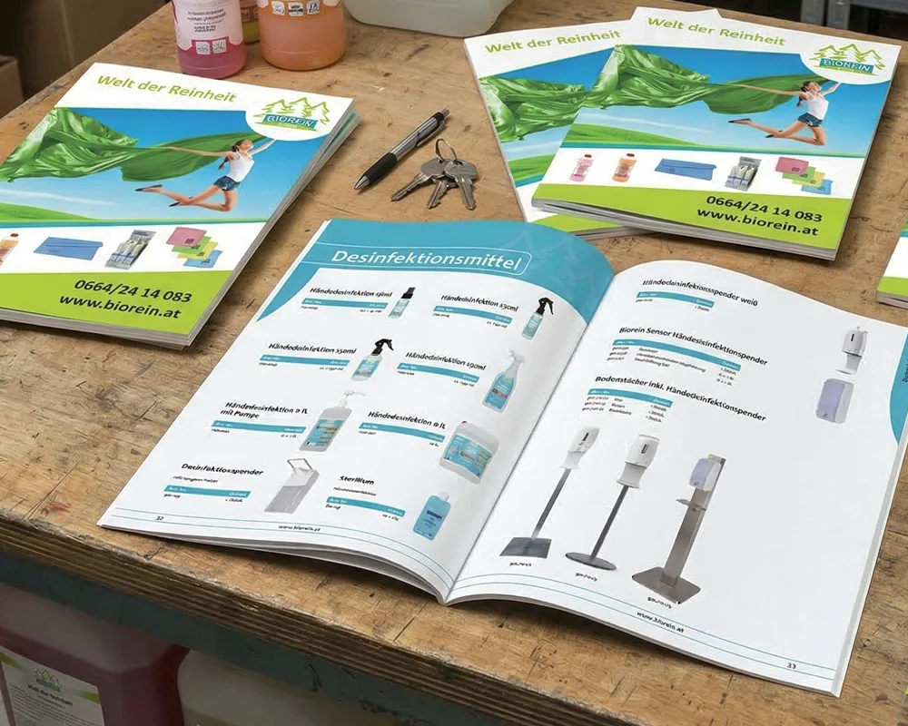 Hochwertige Produktkataloge mit Softcover-Klebebindung für Biorein, gedruckt im 4c Offsetdruck.