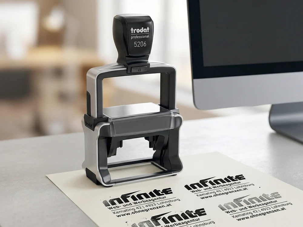 Personalisierte Professional-Stempel mit ergonomischem Griff und individuellem Stempelmotiv.