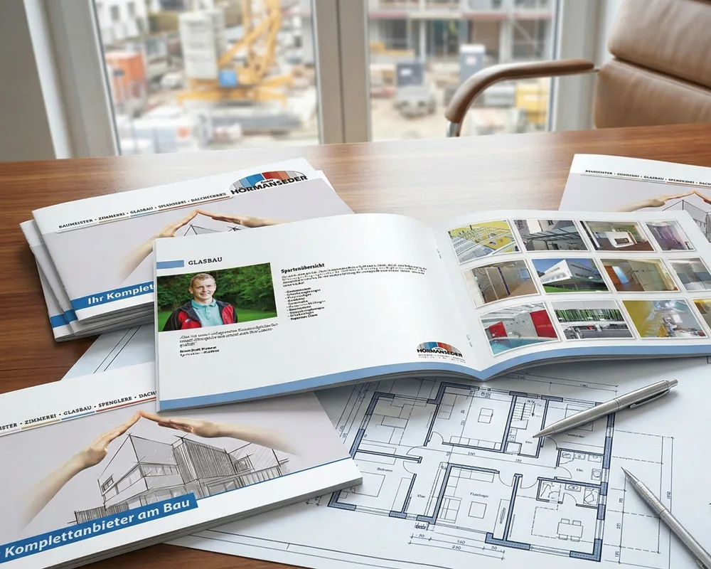 Werbebroschüren im DIN A4 Querformat für Hörmanseder Bau mit Klammerheftung im brillanten 4c-Digitaldruck auf glänzendem Bilderdruckpapier gedruckt.