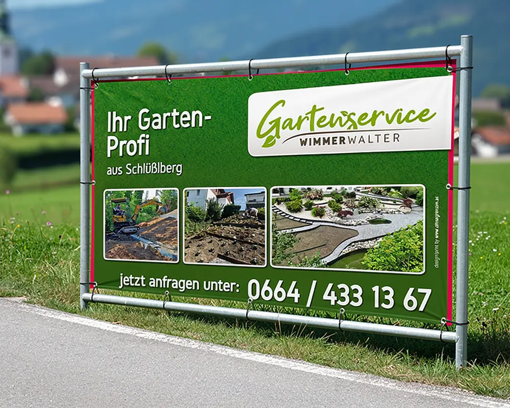 Großformatiges Werbebanner für das Unternehmen Gartenservice Wimmer am Straßenrand – hochwertiger Digitaldruck von infinite für maximale Fernwirkung.