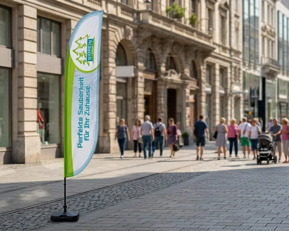 Beachflag in konvexer Segelform für die Firma Biorein in der Wiener Innenstadt – standsicher durch wassergefüllten Standfuß.