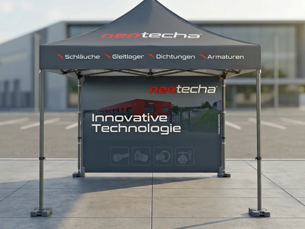 Preiswerte Faltpavillons der Modellreihe ECO mit vollflächig bedrucktem Dach und Volant für professionelle Events und Messen in TOP-Qualität.