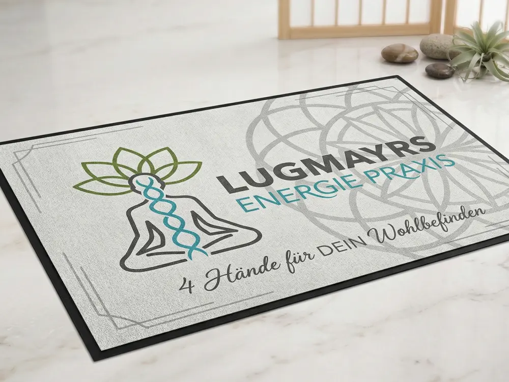 Hochwertige Eingangsmatten mit individuellem 4c Druck auf HT-Nylon, bis 60°C waschbar und trocknergeeignet für Hotels und Lobbys.