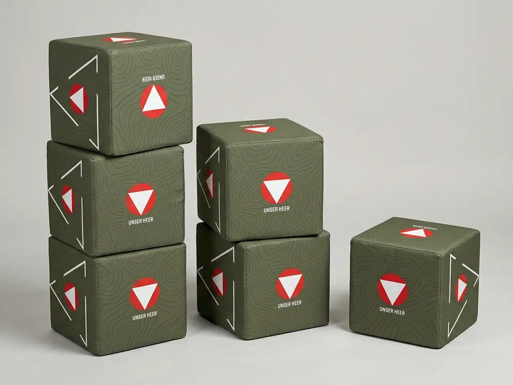 Hochwertige, bedruckte Sitzwürfel mit Wechselbezug aus B1-zertifiziertem Premium-Polyester für Messen und öffentliche Events.