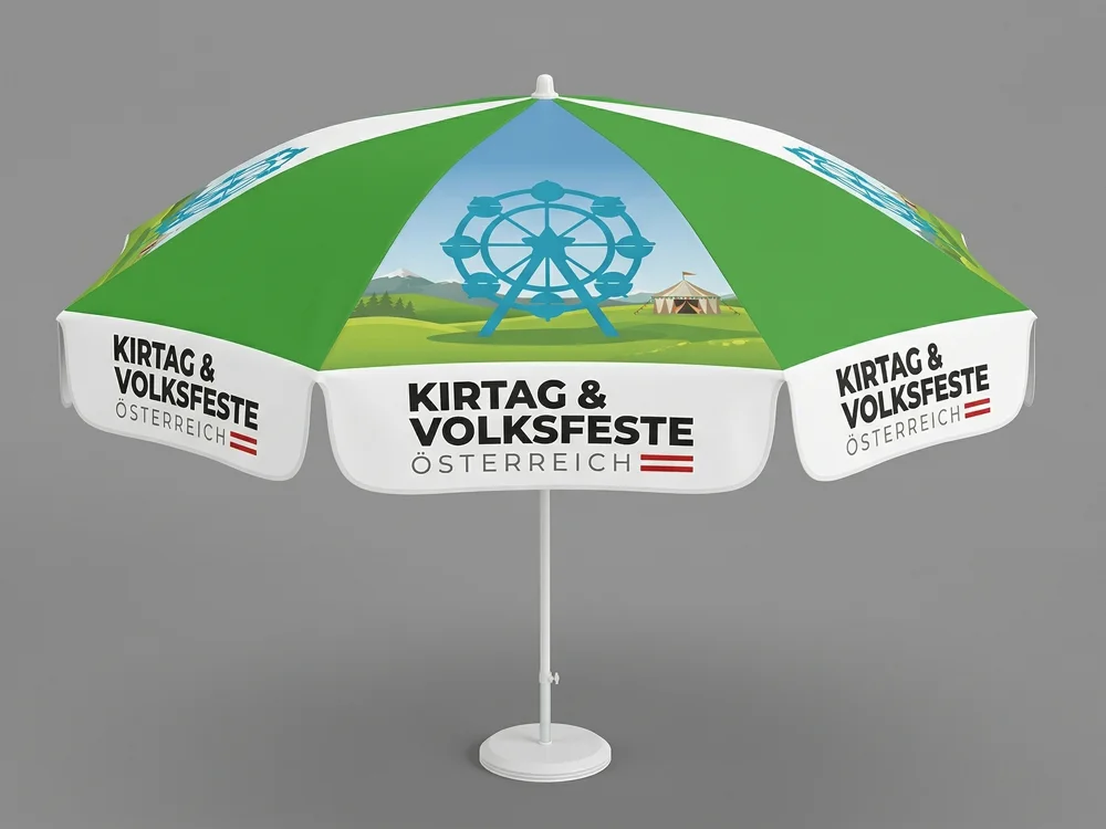 Völlig frei gestaltbare Werbeschirme mit 2-teiligem Schirmbezug für einzigartige Schirmmotive, die sich über die gesamte Bespannung ziehen.