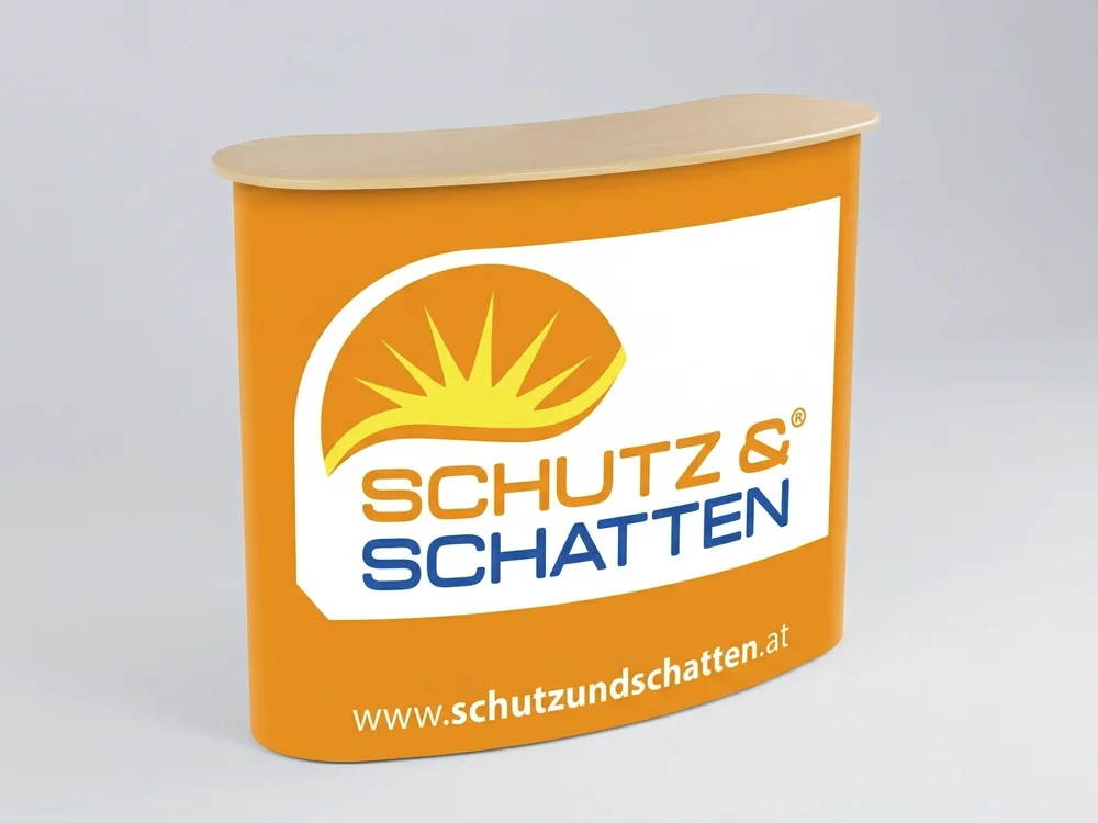 Stabile Pop-up Promotion Tische mit hochwertigem Scherengittersystem und individueller Bespannung für die Firma Schutz & Schatten.