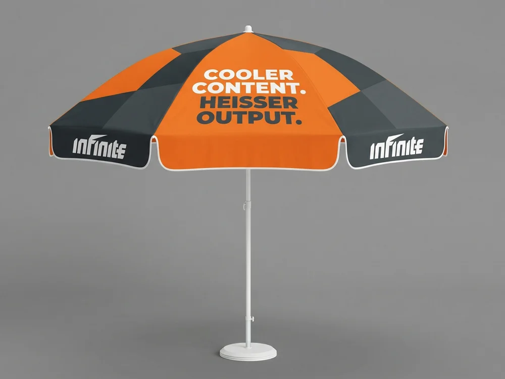 Individuell bedruckte Sonnenschirme mit 4-teiligem Schirmbezug und vollflächigem 4c Druck für einen markanten Auftritt auf Events und Messen.