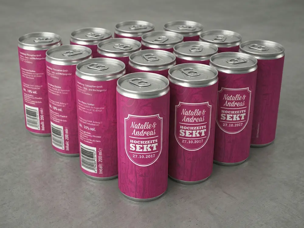 Proseccodosen mit individuell bedrucktem Motiv für Firmenfeiern, private Events und Discotheken in drei ausgewählten Geschmacksrichtungen.