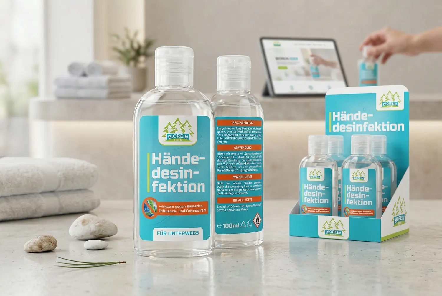 Etikettengestaltung für Händedesinfektionsmittel von Biorein sowie Design und Realisierung von POS-Displayständern durch die Werbeagentur infinite.