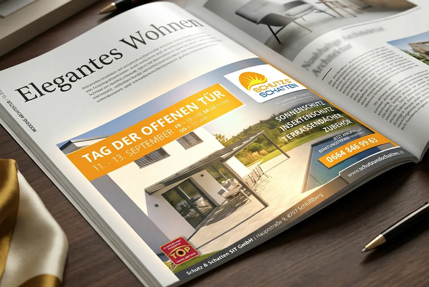 Individuelle Inseratgestaltung für Schutz & Schatten SIT GmbH: Professionelles Print-Layout inklusive High-End Bildbearbeitung durch die Agentur infinite.