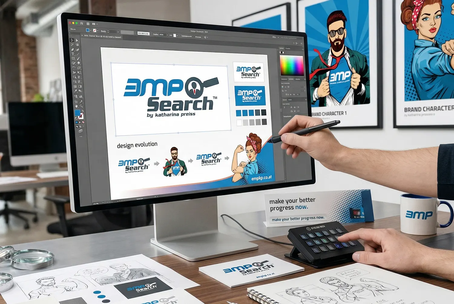 Logoentwicklung und Grafikdesign für EMP Search: Gestaltung und Druck von Businessdrucksorten sowie Corporate Fashion durch die Agentur infinite.