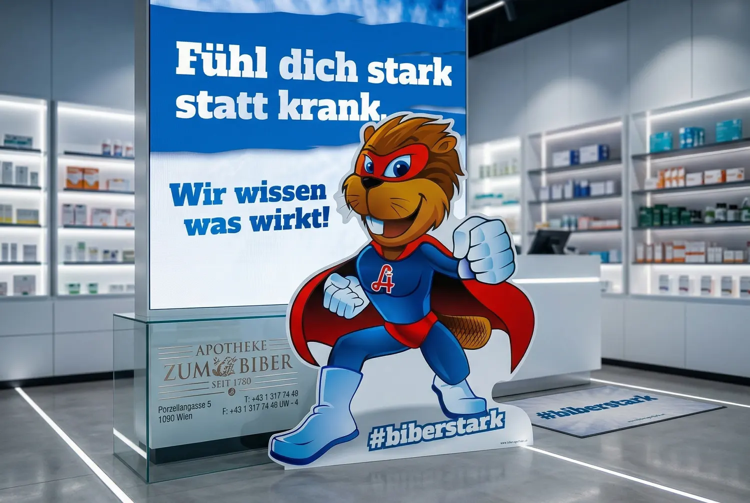 Konzeption des Markenauftritts und Design einer Sympathiefigur für die Apotheke zum Biber in Wien: Erstellung von Key Visuals und Kampagnen-Assets durch die Agentur infinite.