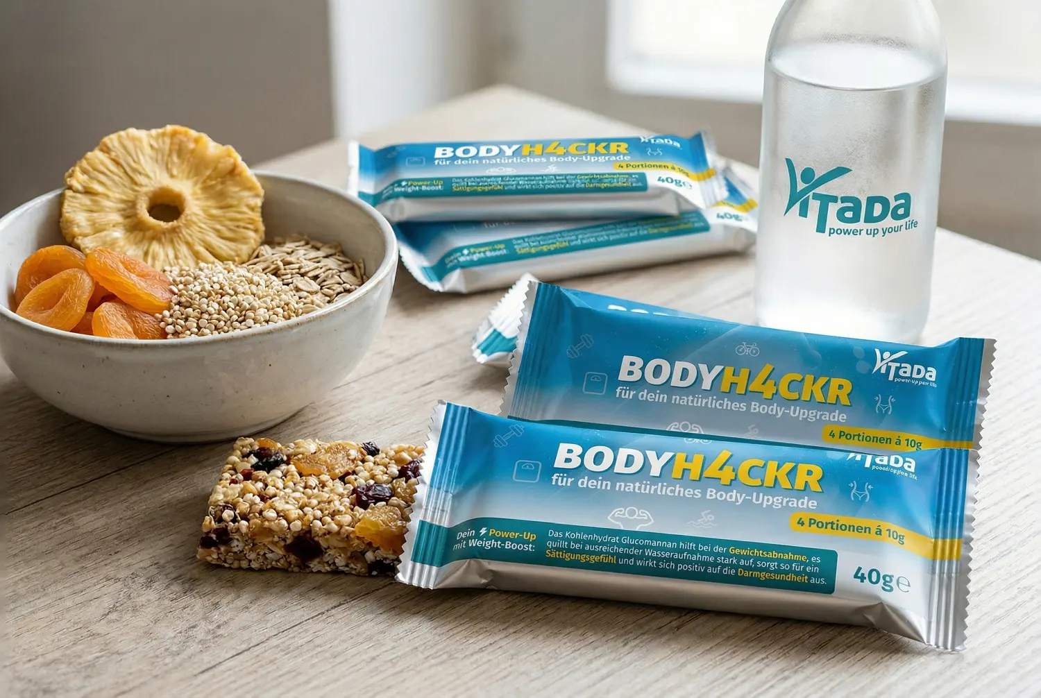 Markenentwicklung und Packaging Design für Vitada Nahrungsergänzungsmittel: Namensfindung, Konzeption und Druck der Werbeunterlagen durch die Agentur infinite.