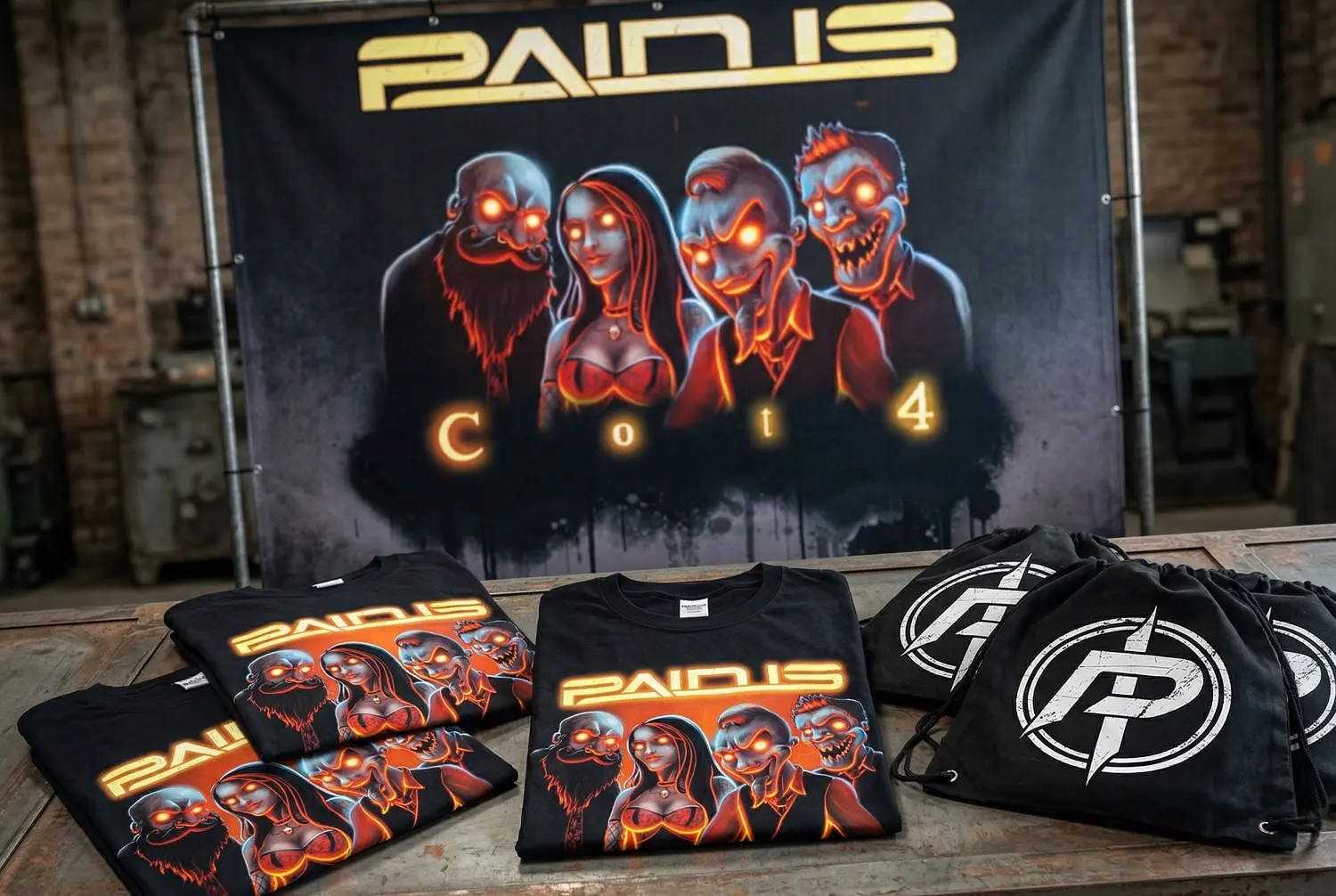 Produktion von Band-Merchandising und Fan-Artikeln für Pain Is: Realisierung von Fan Fashion und großformatiger Event-Werbung durch die Agentur infinite.