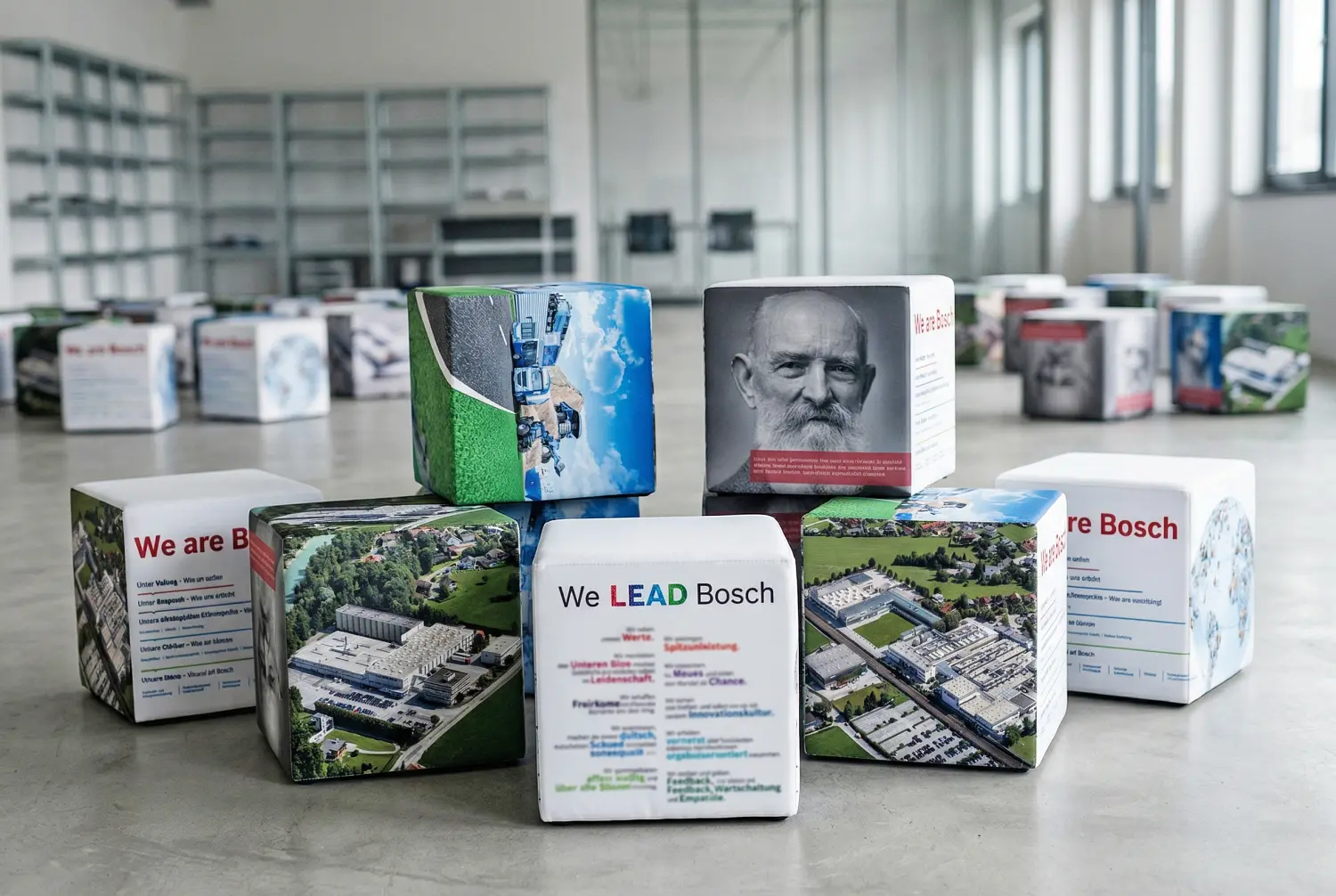 Produktion von individuell bedruckten Schaumstoff-Sitzwürfeln für die Robert Bosch AG: Hochwertige Eventausstattung für Firmenveranstaltungen durch die Agentur infinite..