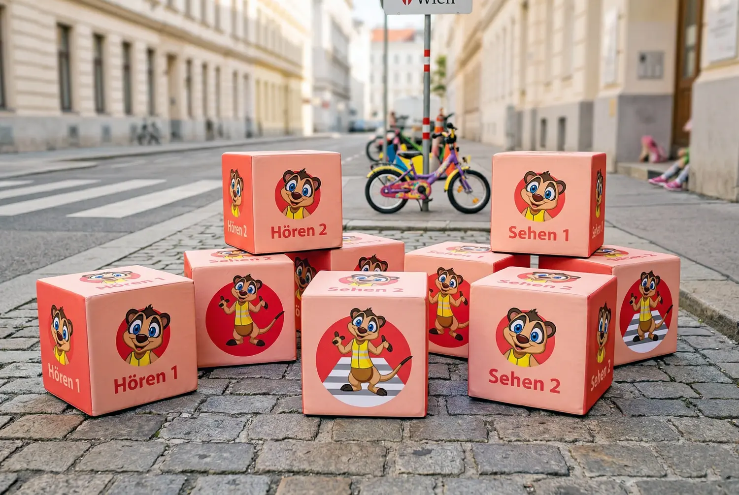 Produktion von bedruckten Sitzwürfeln aus Schaumstoff für die Stadt Wien: Ausstattung für das Verkehrssicherheitsprogramm für Kinder durch die Agentur infinite.