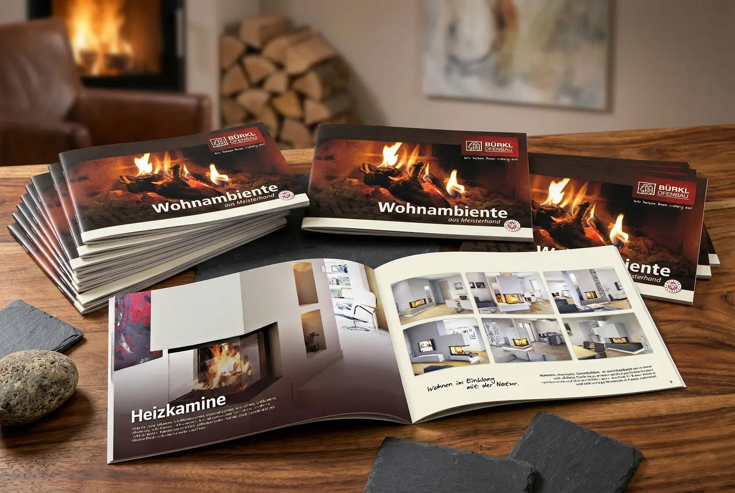 Produktion von Werbebroschüren und Geschäftsdrucksorten für Ofenbau Bürkl: Realisierung der Außenwerbung und Werbetechnik durch die Agentur infinite.