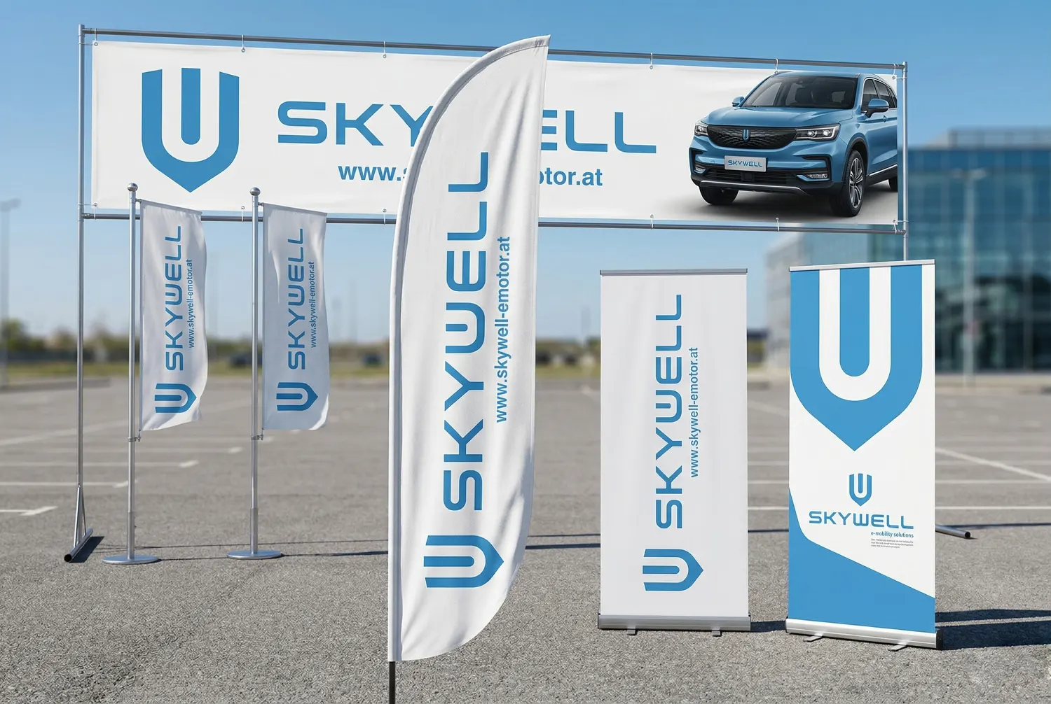 Werbetechnik und Außenbeschilderung für Skywell Österreich: Gestaltung und Realisierung von Werbesystemen für die KFZ Resch GmbH durch die Agentur infinite.