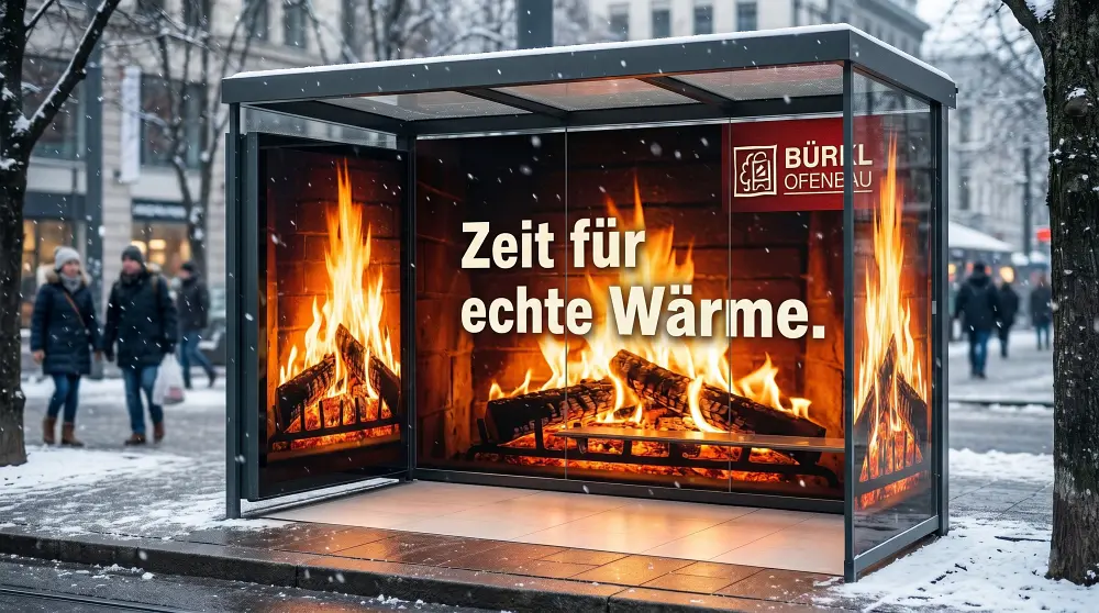 Kreatives Guerilla Marketing Konzept für Bürkl Ofenbau: Bushaltestelle im Kamin-Design mit loderndem Feuer-Branding.