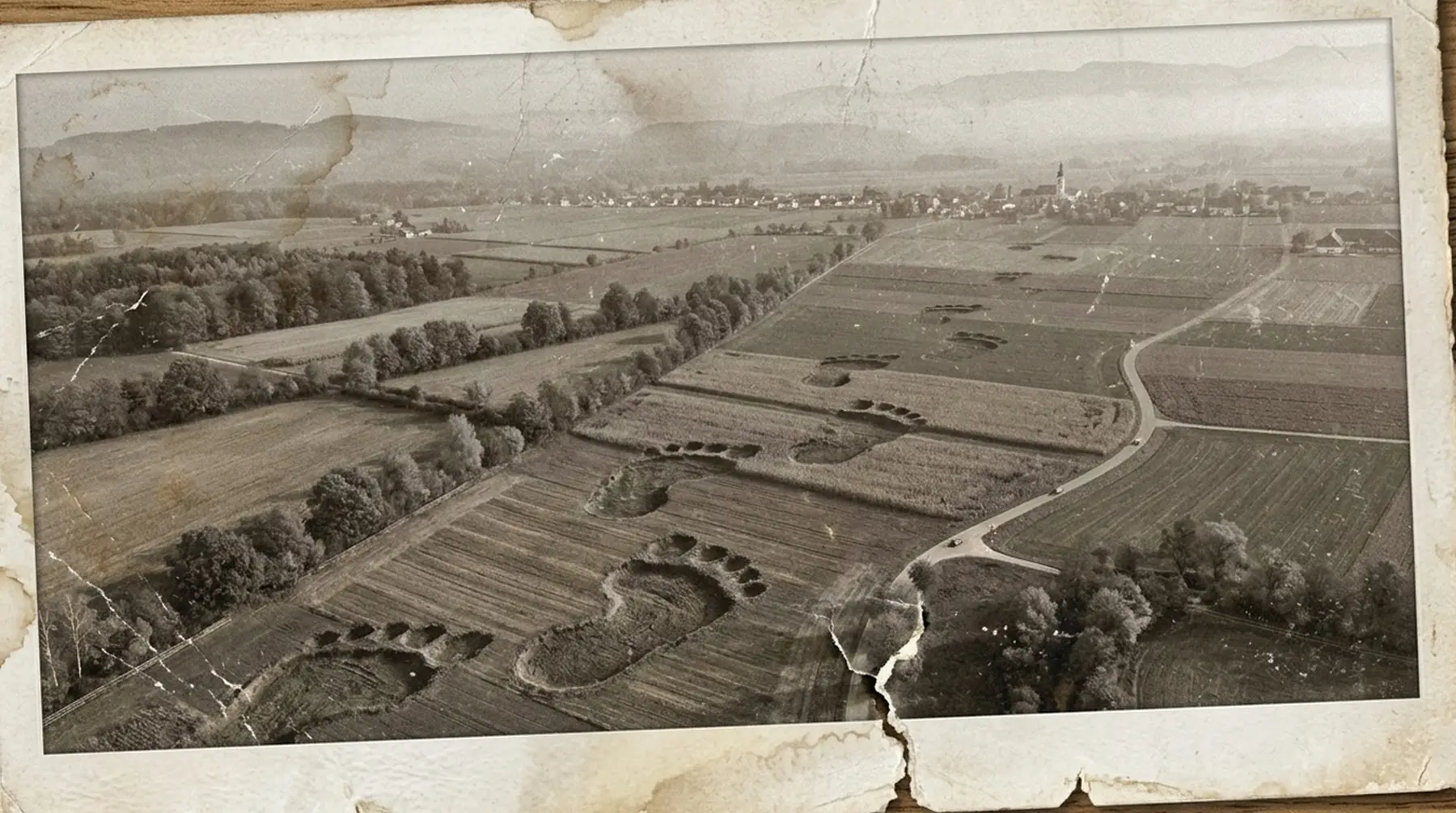 Manipuliertes historisches Foto von riesigen Fußabdrücken in einer österreichischen Landschaft als Beispiel für kreatives Guerilla-Storytelling.