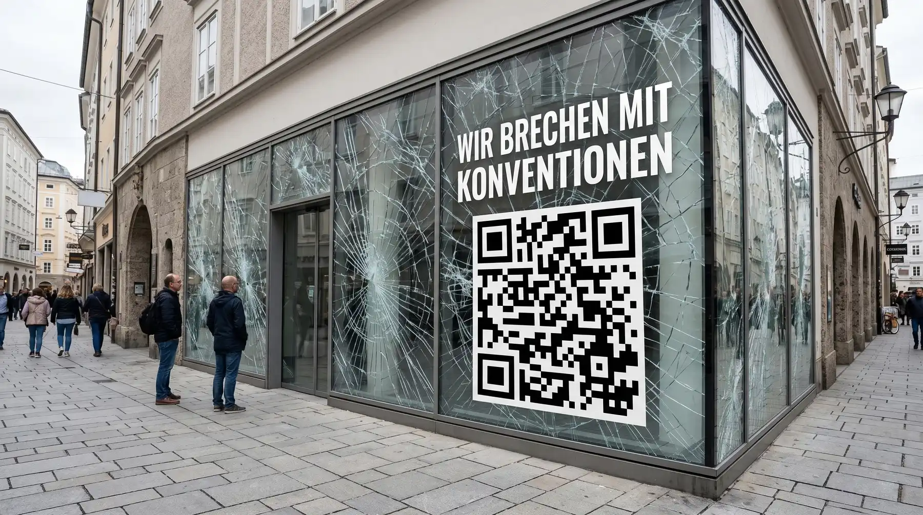 Guerilla Marketing Konzept: zersplittertes Schaufenster mit QR-Code – Wir brechen mit Konventionen.